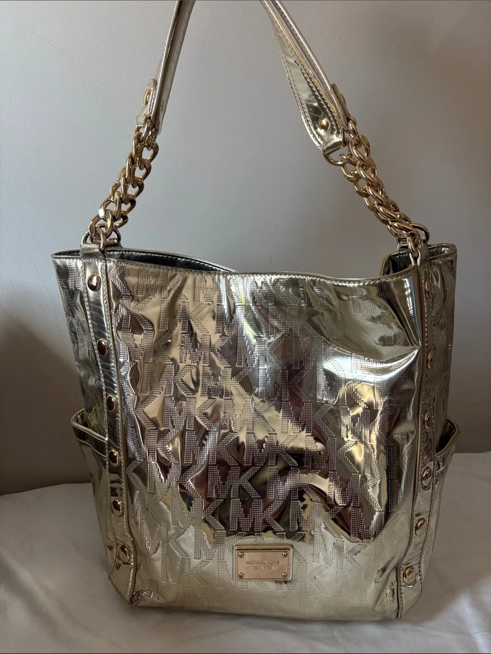 Michael Kors Shiny Metallic Gold Logo-Embossed Tote